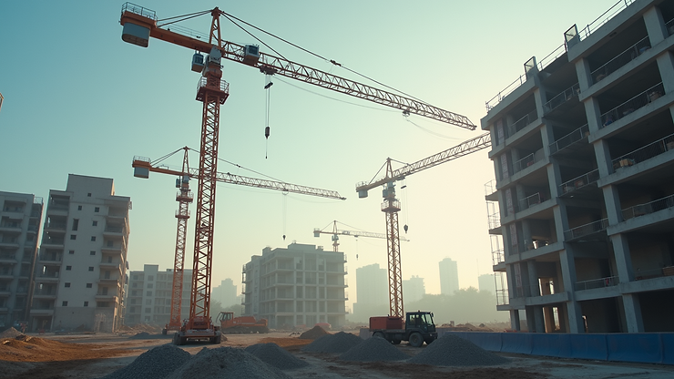 Close-up view of a construction site with cranes and building materials