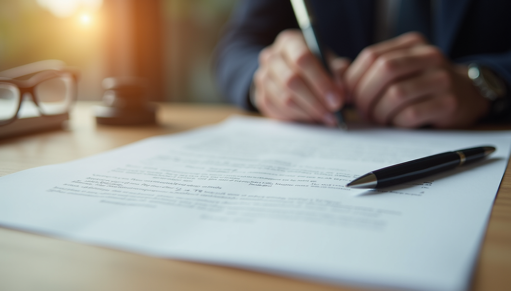 Eye-level view of a legal document and pen on a wooden desk